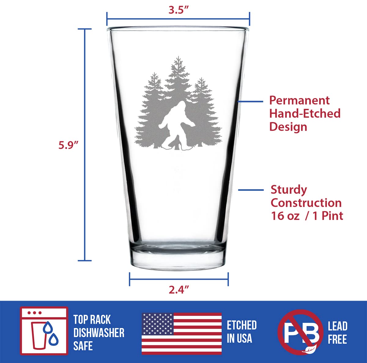 Bigfoot Pint Glass - Funny Bigfoot Gifts for Sasquatch Enthusiasts - 16 Oz Pint Glasses