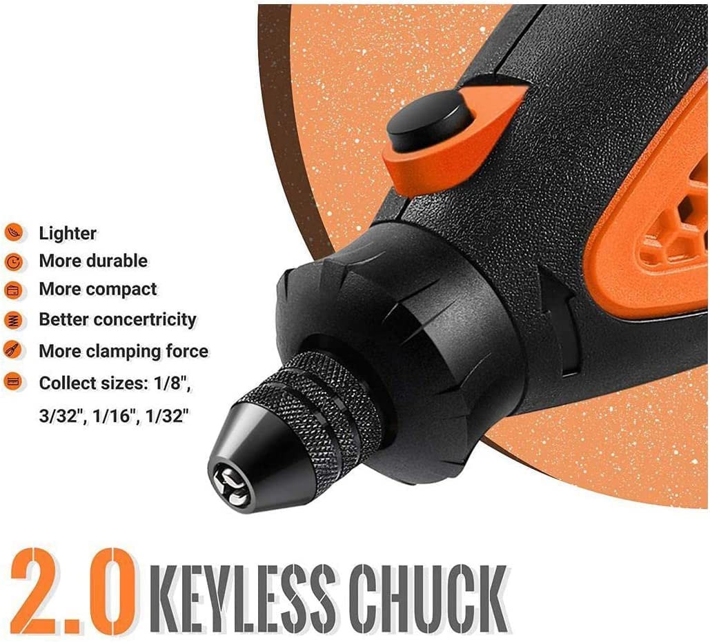 Rotary Tool Kit with Keyless Chuck Flex Shaft, 6 Variable Speed 10000-32000 RPM 3 Attachments Carrying Case for Cutting, Engraving, Drilling, Sanding, Polishing, DIY Crafts