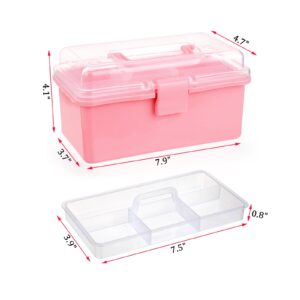 BTSKY Small Plastic Storage Box with Lid 7.9"x3.7"x4.1" Art Supply Storage Organizer with Handled Removable Tray Multi-use Small Storage Container Portable Sewing Box for Art & Sewing Supplies, Pink