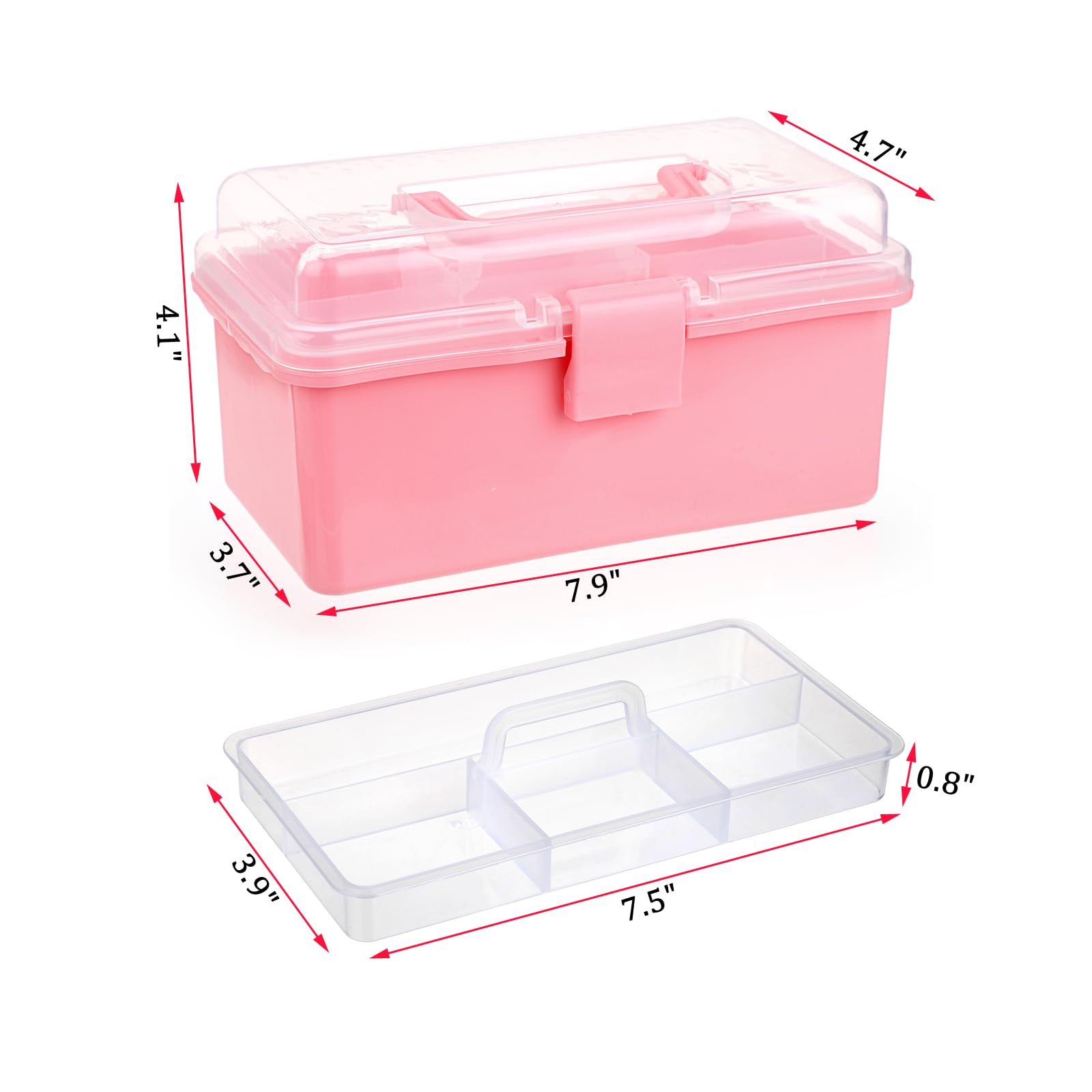 BTSKY Small Plastic Storage Box with Lid 7.9"x3.7"x4.1" Art Supply Storage Organizer with Handled Removable Tray Multi-use Small Storage Container Portable Sewing Box for Art & Sewing Supplies, Pink