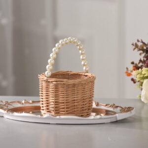 BETAULIFE Wicker Rattan Flower Girl Basket,Pearl Handle Flower Girl Basket,Wedding Flower Girl Basket and Home Decorations.