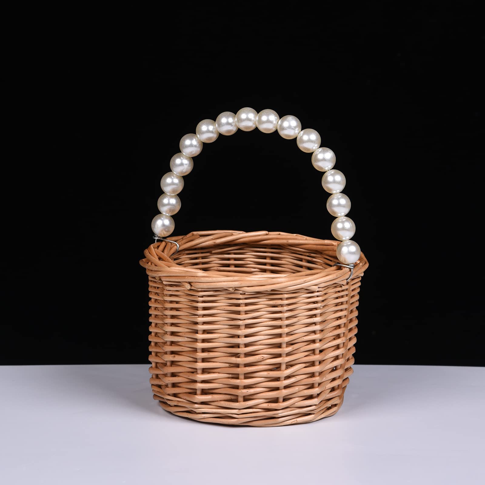 BETAULIFE Wicker Rattan Flower Girl Basket,Pearl Handle Flower Girl Basket,Wedding Flower Girl Basket and Home Decorations.