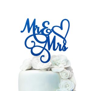 Mr & Mrs Cake Toppers Wedding Bride And Groom Blue Glitter, Wedding Engagement Cake Picks Bridal Shower Cake Decorations, Mr And Mrs Party Decorations Cake Decor