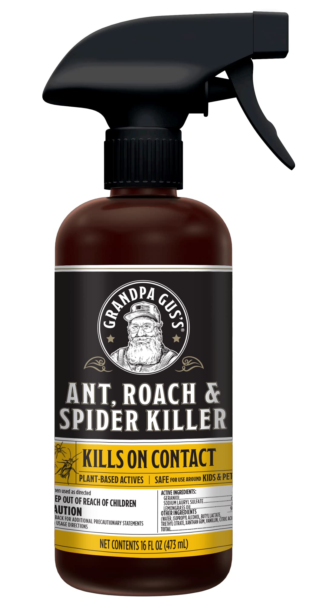 Grandpa Gus's Natural Ant, Roach & Spider Killer Spray, Plant-Based Actives Kill Insects & Bugs On Contact, Non-Greasy, Not Flammable, No Stains, Fresh Scent, 16 oz