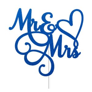 mr & mrs cake toppers wedding bride and groom blue glitter, wedding engagement cake picks bridal shower cake decorations, mr and mrs party decorations cake decor