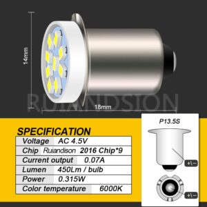 Ruiandsion P13.5S LED Flashlight Bulb White 4.5V 2016 9SMD Replacement for 3 Cells Flashlights Torch Work Lights, Non-polarity (Pack of 4)