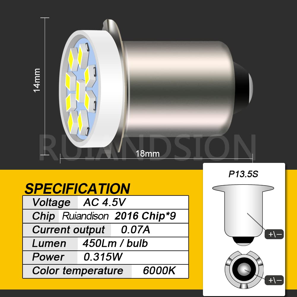 Ruiandsion P13.5S LED Flashlight Bulb White 4.5V 2016 9SMD Replacement for 3 Cells Flashlights Torch Work Lights, Non-polarity (Pack of 4)