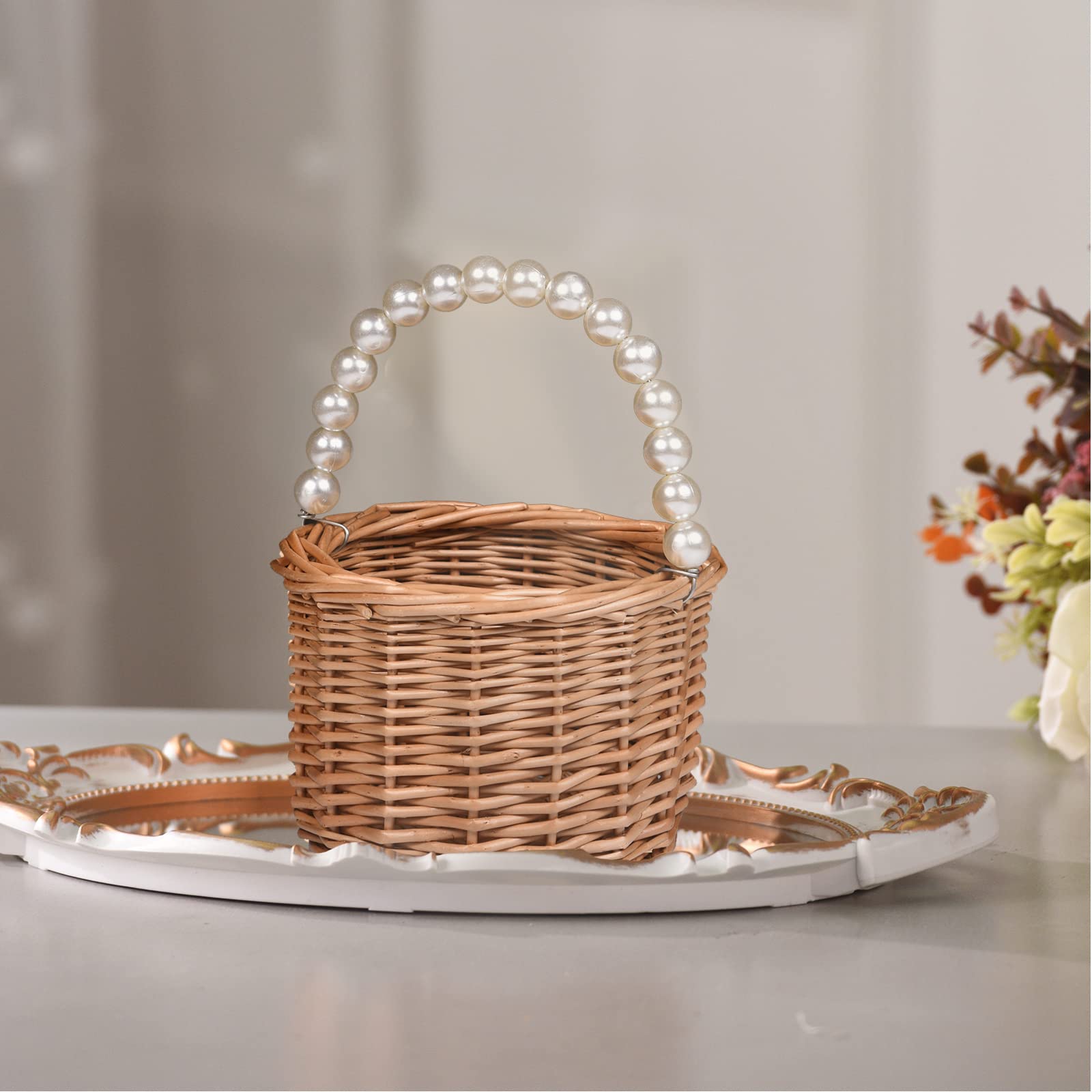 BETAULIFE Wicker Rattan Flower Girl Basket,Pearl Handle Flower Girl Basket,Wedding Flower Girl Basket and Home Decorations.