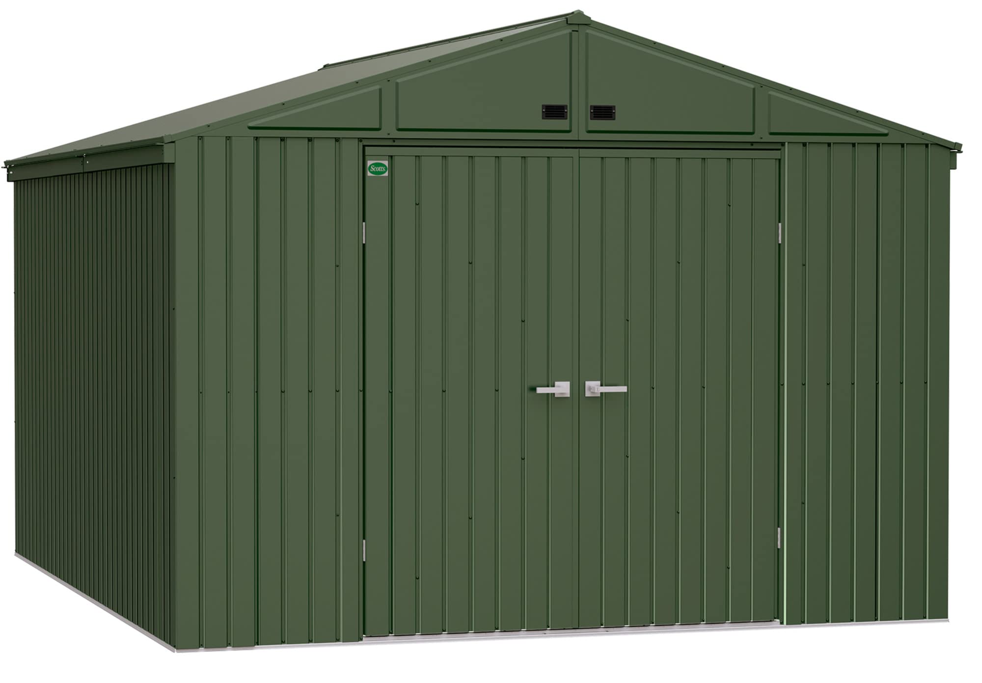 Scotts 10' x 12' Outdoor Lockable Water-Resistant Steel Storage Shed Building with Tool Hanger and Gable Roof, Green