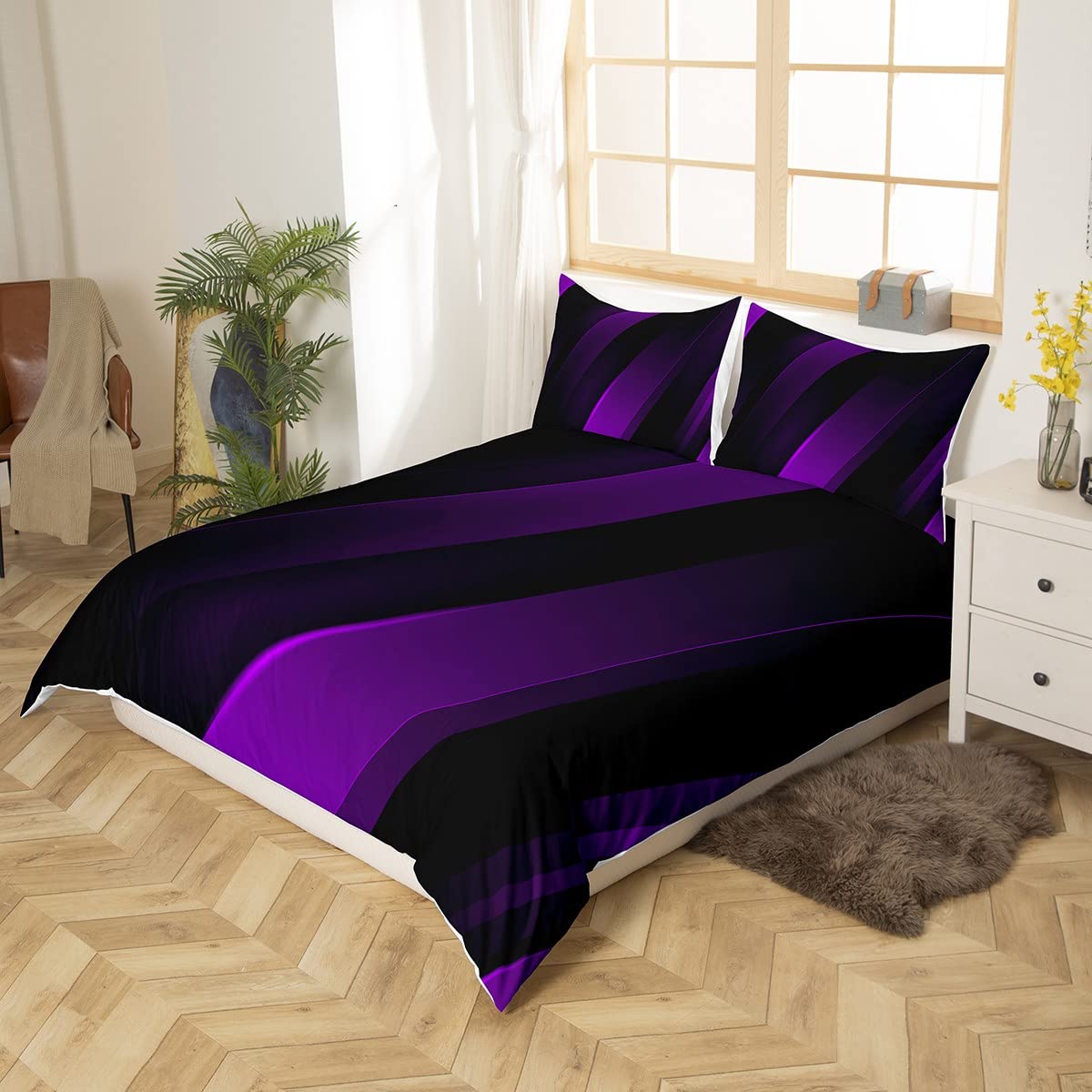 Purple Black Stripes Bedding Set,Neon Gradient Duvet Cover for Kids Teens Boys Girls,Geometric Abstract Comforter Cover Decorative Room,Modern Design Quilt Cover with 2 Pillowcases,King Size