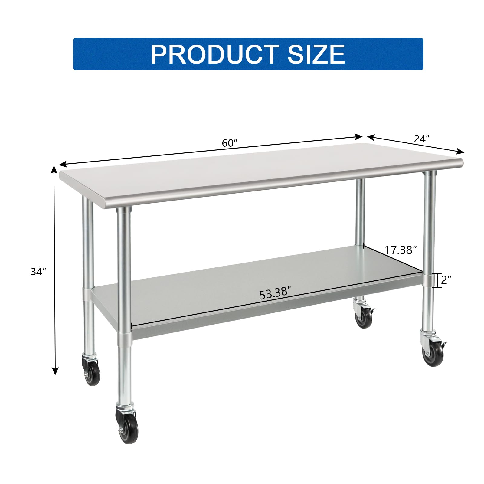 HARDURA Stainless Steel Table with Wheels 24 x 60 Inches Casters NSF Heavy Duty Commercial Work & Prep Table with Undershelf and Galvanized Legs for Restaurant Kitchen Bar and Hotel Garage