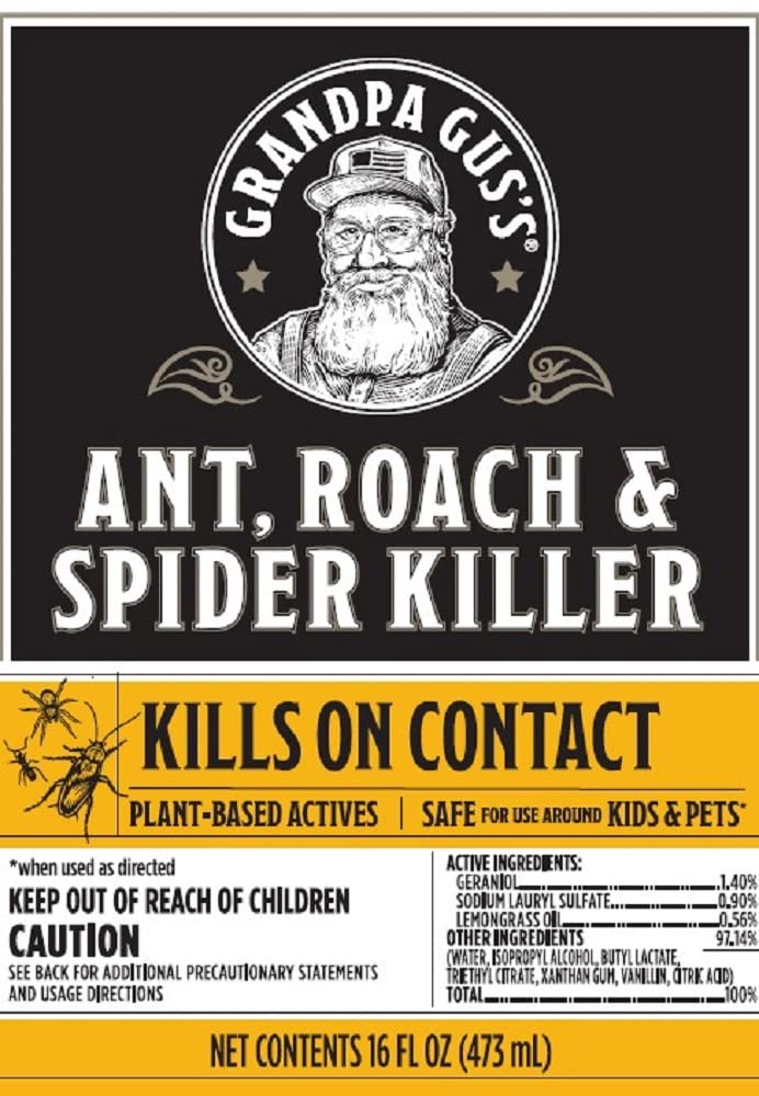 Grandpa Gus's Natural Ant, Roach & Spider Killer Spray, Plant-Based Actives Kill Insects & Bugs On Contact, Non-Greasy, Not Flammable, No Stains, Fresh Scent, 16 oz