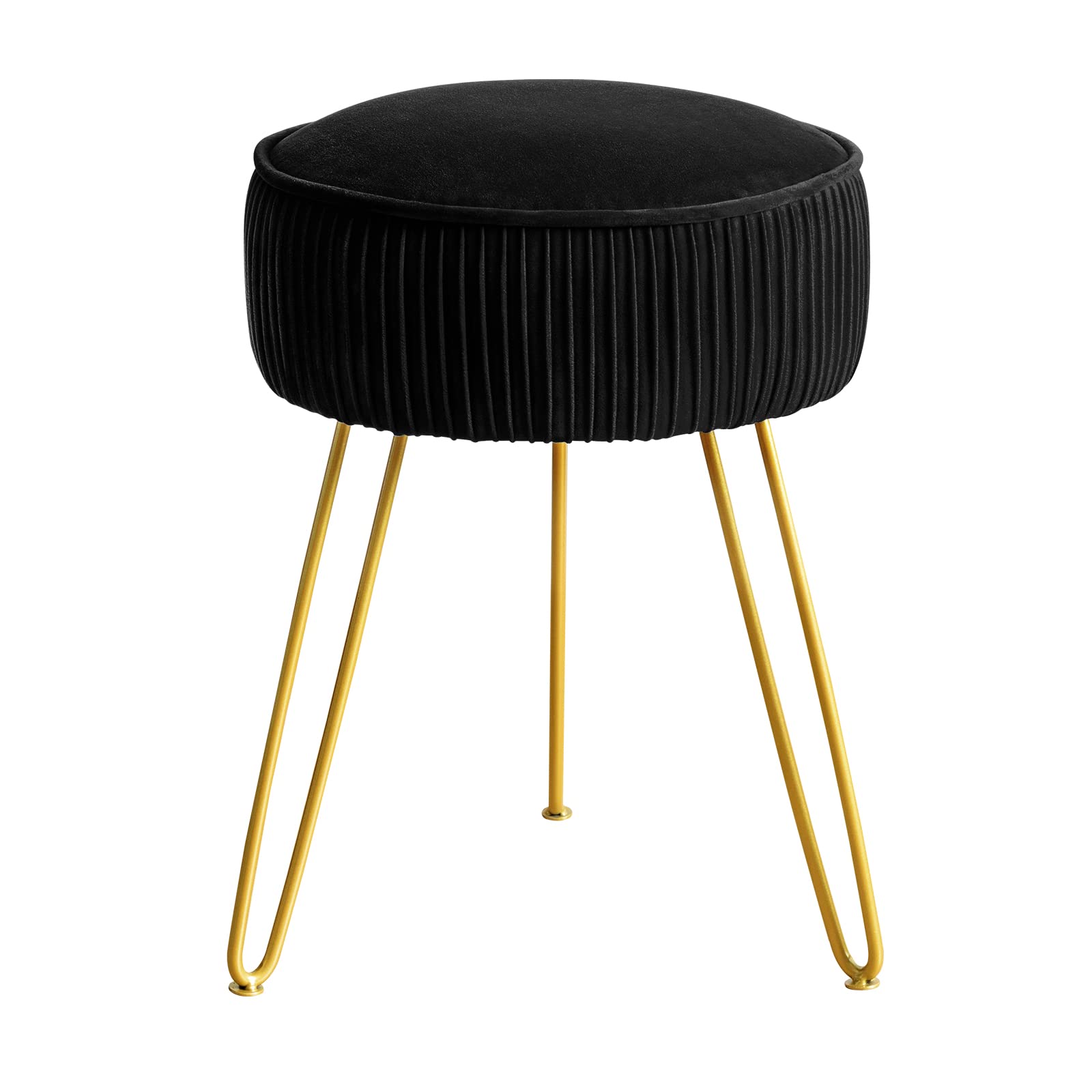 LUE BONA Pleated Vanity Stool, Velvet Upholstered Vanity Stool for Makeup Room, Round Mondern Stool for Vanity, Ottoman Footrest Stool with Metal Legs for Living Room, Bedroom, Black