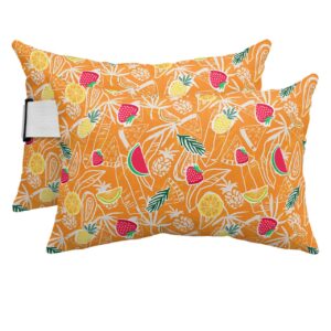 Outdoor Lumbar Pillow Set of 2, Summer Fruits Waterproof Beach Headrest Pillow with Inserts, Orange Tropical Botanical Recliner Throw Pillow Cushion for Patio Furniture, 11" x 16"