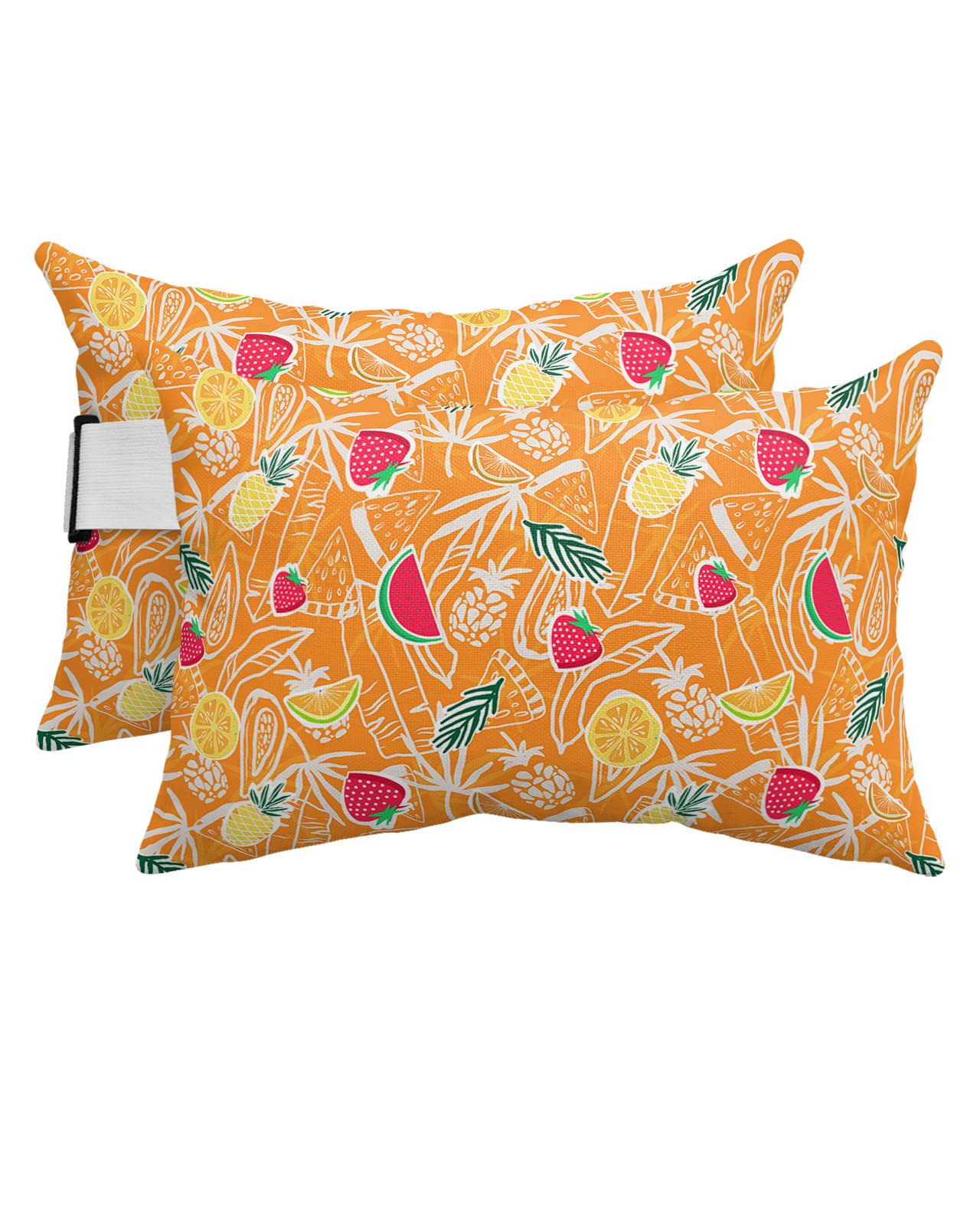 Outdoor Lumbar Pillow Set of 2, Summer Fruits Waterproof Beach Headrest Pillow with Inserts, Orange Tropical Botanical Recliner Throw Pillow Cushion for Patio Furniture, 11" x 16"