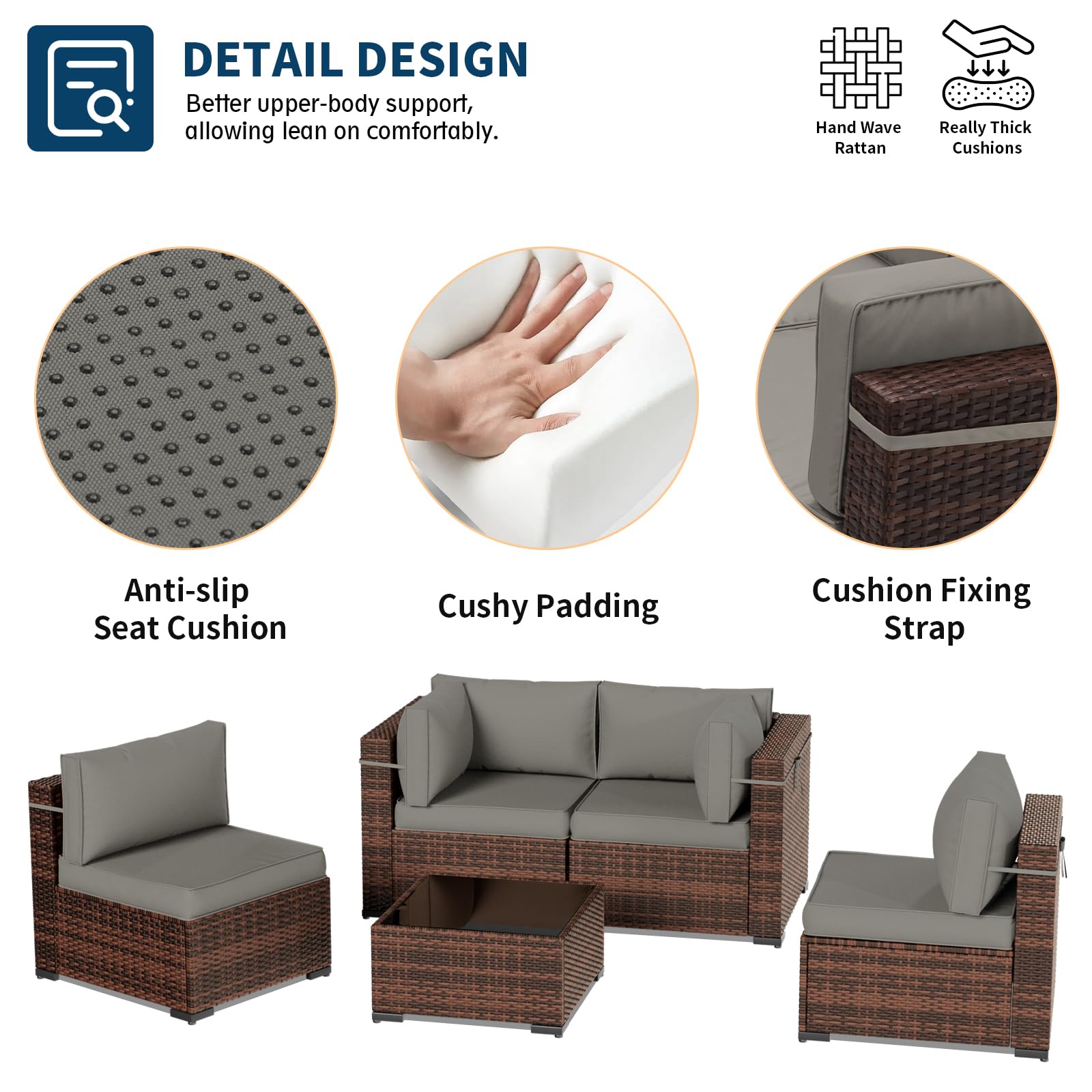 UDPATIO Patio Furniture Sets, Modular Rattan Outdoor Patio Sectional Furniture Sofa Set, Wicker Patio Conversation Set for Backyard, Deck w/Glass Coffee Table, 5PC Brown/Grey (Include Sofa Cover)