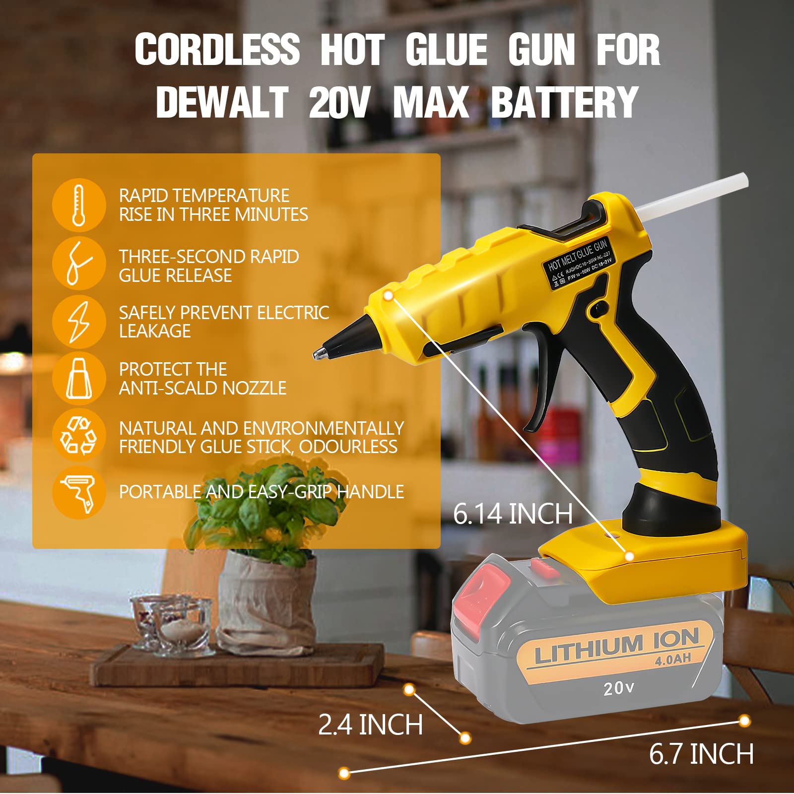 Cordless Hot Glue Gun for DeWalt, Handheld Glue Gun for DeWalt 18/20V Max Li-ion Battery, 30s Quick Preheat, for Arts & Crafts & DIY with 30 Glue Sticks (Tool Only)