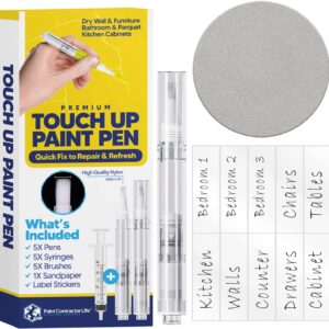 Touch Up Paint Pen for Walls (5 Pack) Furniture Repair Kit for Wood Floors, Drywall,Cabinets, Desks, Scratches - Paint Touch Up Pen for Walls, Ceiling - Convenient to Use with Labels & Sand Paper