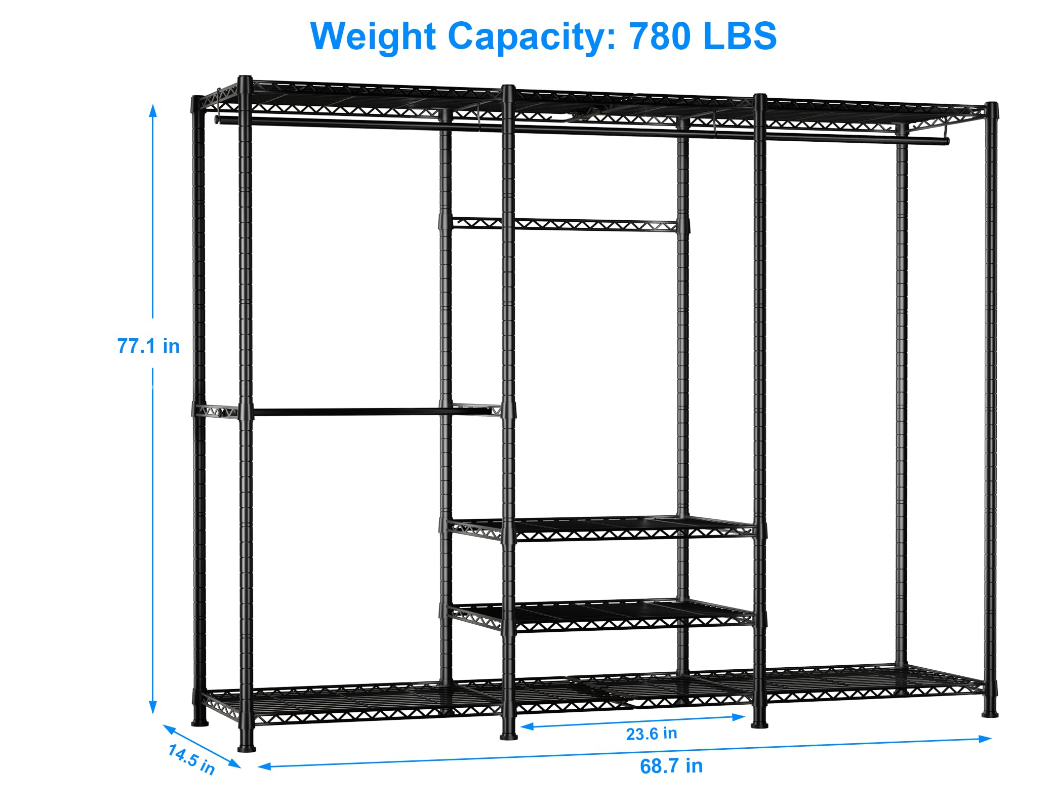 Ulif E5 Garment Rack, 4 Tiers Freestanding Heavy-Duty Closet Organizer and Storage System, Max Load 780LBS, 67.9" W x 14.5" D x 77.1" H, Black