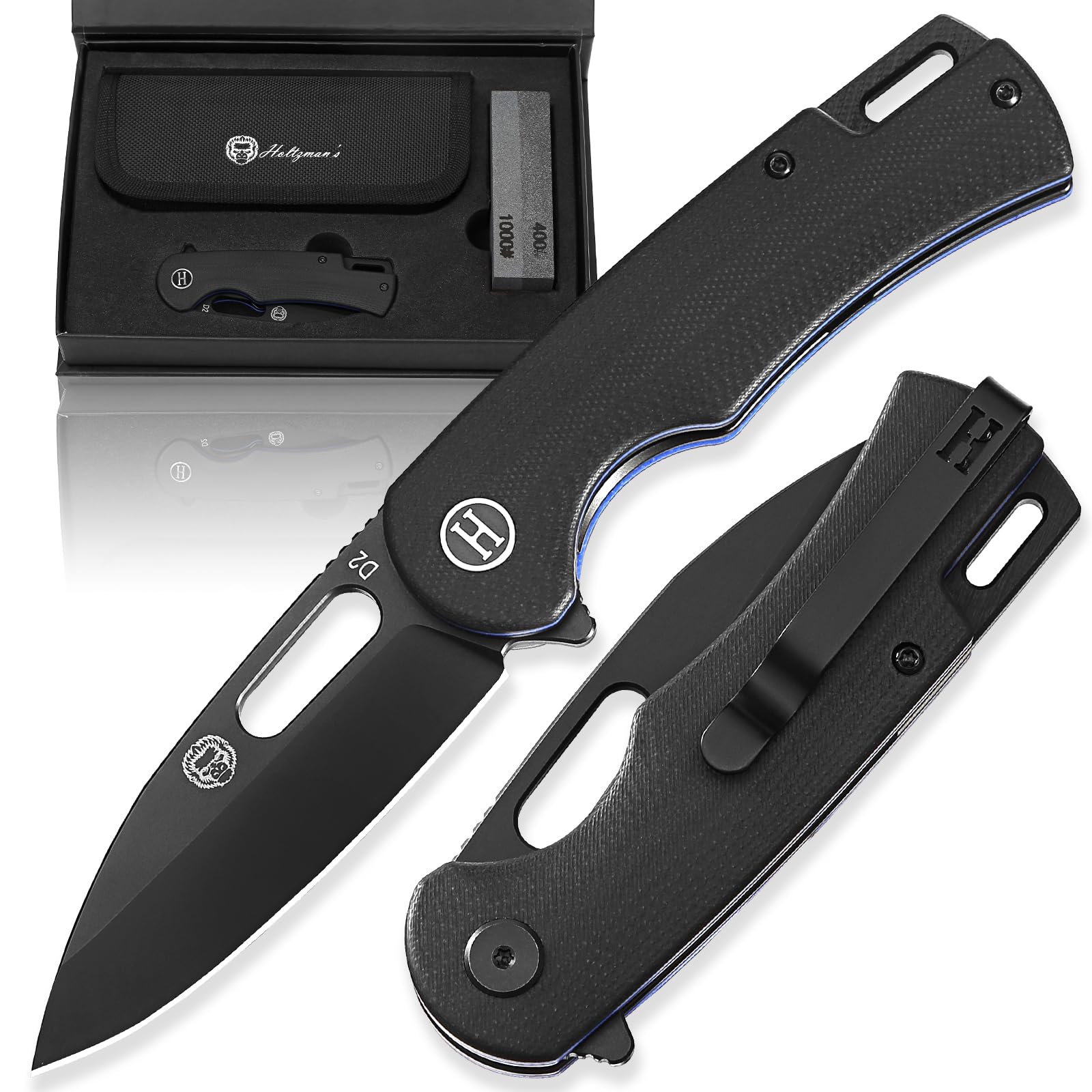 Holtzman's Gorilla Survival Mens Folding Pocket Knife Set D2 Steel Blade G10 Handle Pocket Knife EDC Gift set for Men (Black + blue liner)