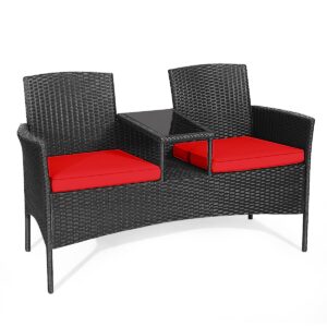 Toolsempire Outdoor Love Seat Wicker Patio Conversation Set, Rattan Outdoor Furniture Set with Cushion & Built-in Coffee Table, Patio Couch Outdoor Bench for Garden, Lawn, Backyard(Red)