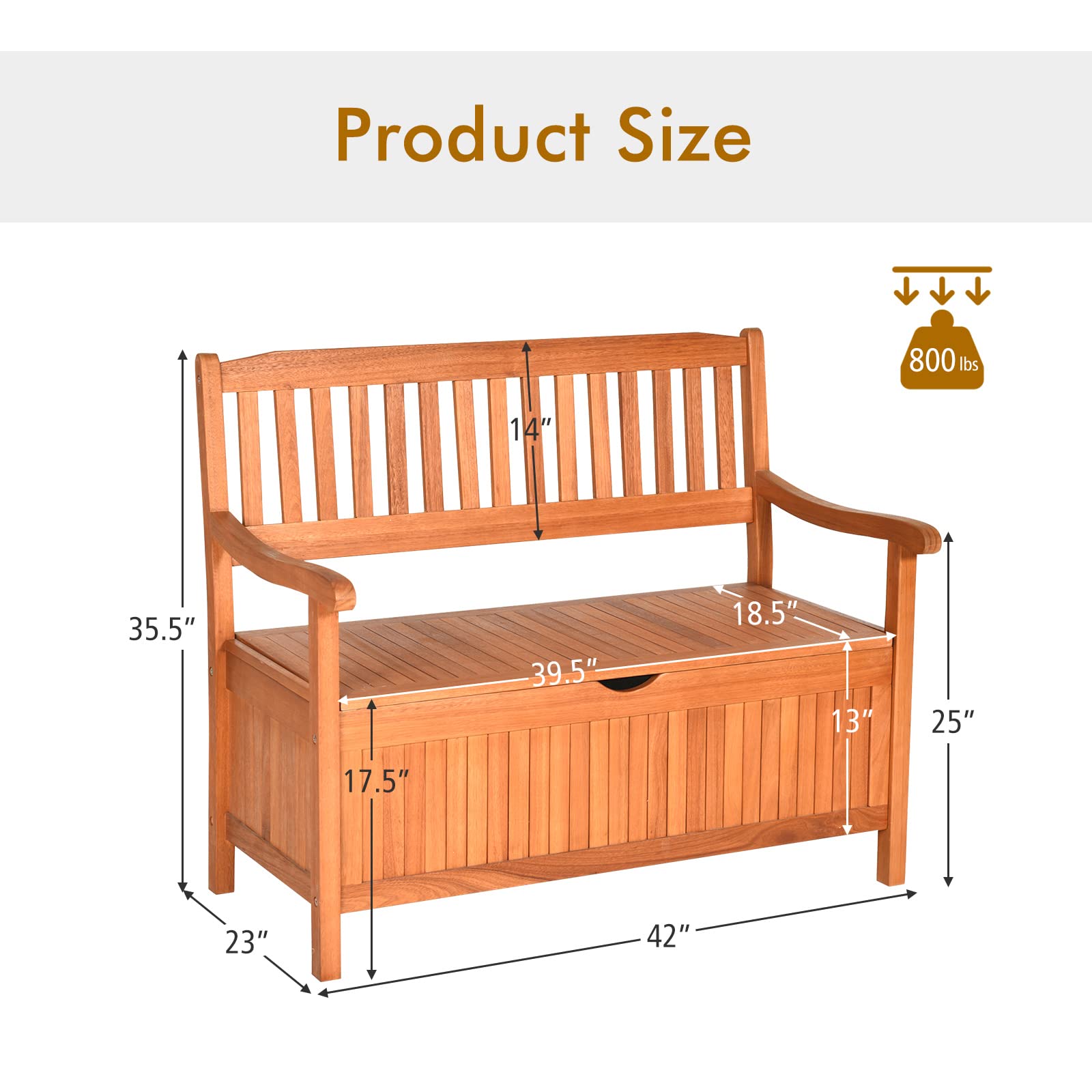 Safstar Outdoor Patio Bench with Storage Box, 33 Gallon Capacity, Wooden Frame, Eucalyptus Material, Natural Color, 42 x 23 x 35.5 Inches