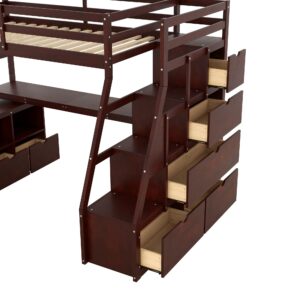 Harper & Bright Designs Twin Loft Bed with Stairs and Desk, Solid Wood Loft Bed Frame with Storage 7 Drawers 2 Shelves, for Kids Teens Adults (Espresso)