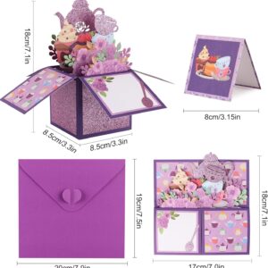 Giiffu Mothers Day Card, Tea Theme, Tea Time 3D Pop Up Card, 3D Flower Pop Up Greeting Card with Note Card and Envelopes, for Mothers Day, Birthday, Tea Party (Purple)