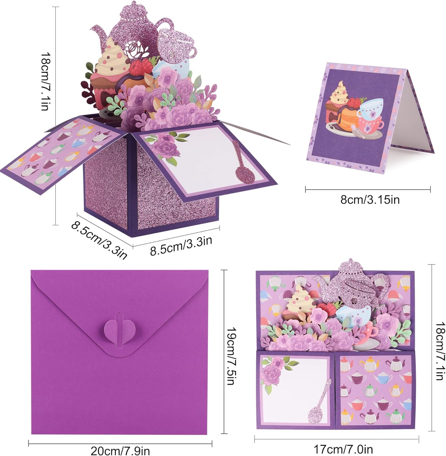 Giiffu Mothers Day Card, Tea Theme, Tea Time 3D Pop Up Card, 3D Flower Pop Up Greeting Card with Note Card and Envelopes, for Mothers Day, Birthday, Tea Party (Purple)