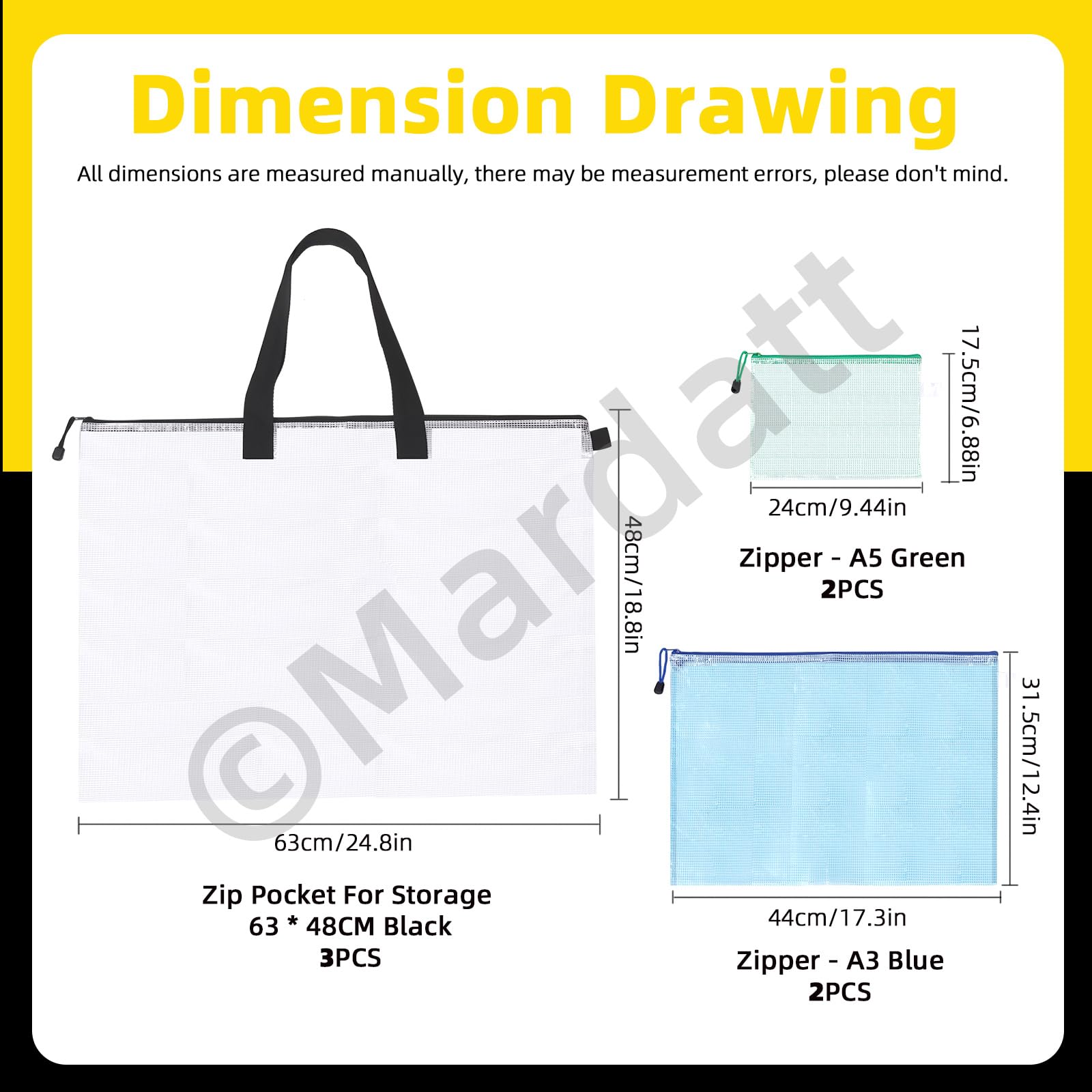 Mardatt 7Pcs 19” x 25” Art Portfolio Storage Bag with Handle and Zipper, 3 Sizes Waterproof Poster Storage Bag Mesh Folder Organizers Transparent Pencil Bag for Bulletin Board Painting