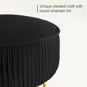 LUE BONA Pleated Vanity Stool, Velvet Upholstered Vanity Stool for Makeup Room, Round Mondern Stool for Vanity, Ottoman Footrest Stool with Metal Legs for Living Room, Bedroom, Black