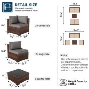 UDPATIO Patio Furniture Sets, Modular Rattan Outdoor Patio Sectional Furniture Sofa Set, Wicker Patio Conversation Set for Backyard, Deck w/Glass Coffee Table, 5PC Brown/Grey (Include Sofa Cover)