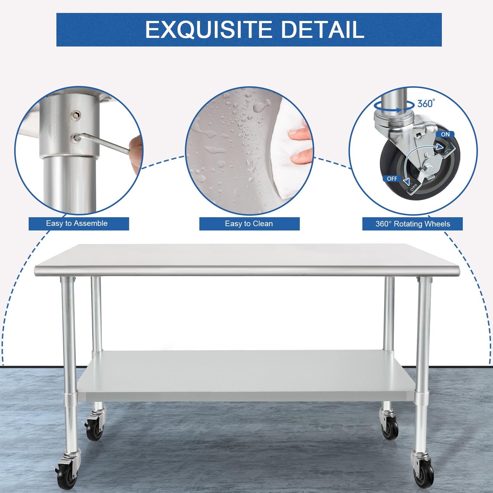 HARDURA Stainless Steel Table with Wheels 24 x 60 Inches Casters NSF Heavy Duty Commercial Work & Prep Table with Undershelf and Galvanized Legs for Restaurant Kitchen Bar and Hotel Garage