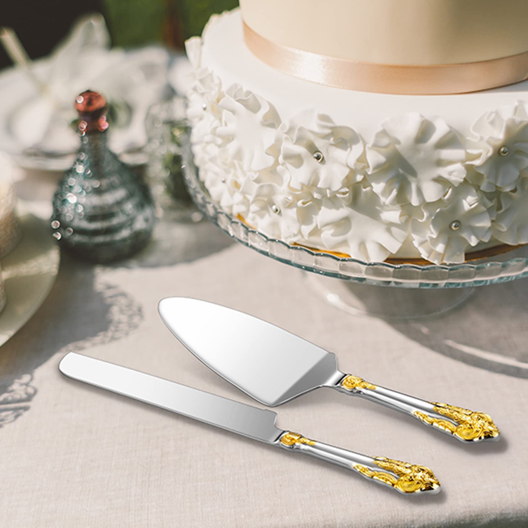 KEAWELL Gorgeous Wedding Cake Knife and Server Set, 18/10 Stainless Steel, Fine Luxury Cake Cutting Set (Gold Accent)