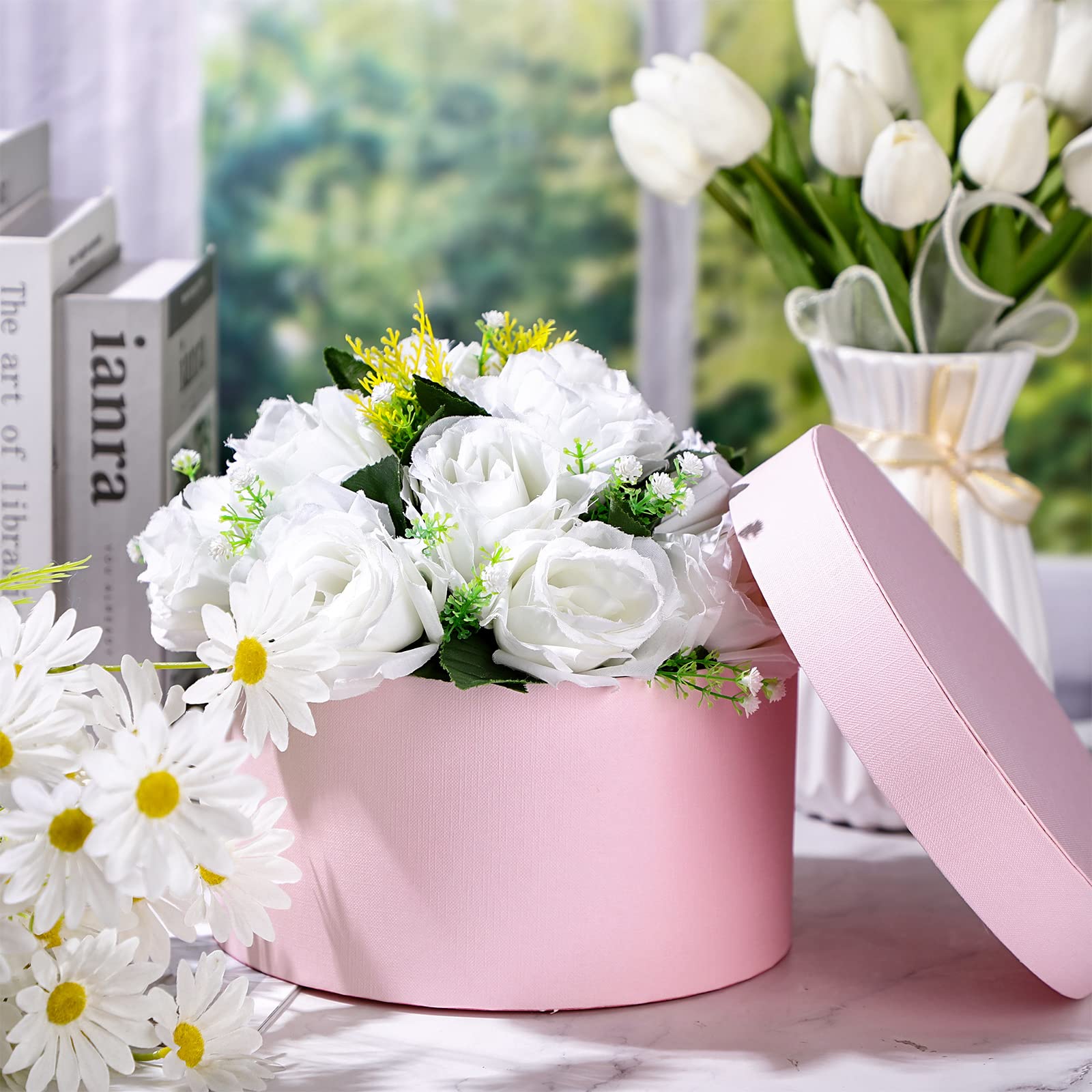 Nuenen Gift Boxes with Lids Floral Foam Set Round Boxes Flower Arrangements Supplies Round Floral Foam Round Boxes for Flowers for Mother's Day Bridesmaid Wedding(Pink)