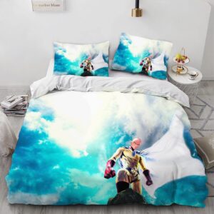 nichiyobi punch hero anime saitama bareheaded duvet cover set 3d bedding comforter cover 3 pcs (1 duvet cover+2 pillowcases) bedding set (10,twin-68x86in+20x30in*2)