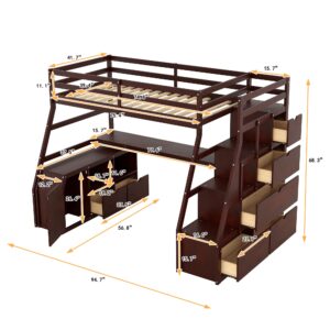 Harper & Bright Designs Twin Loft Bed with Stairs and Desk, Solid Wood Loft Bed Frame with Storage 7 Drawers 2 Shelves, for Kids Teens Adults (Espresso)