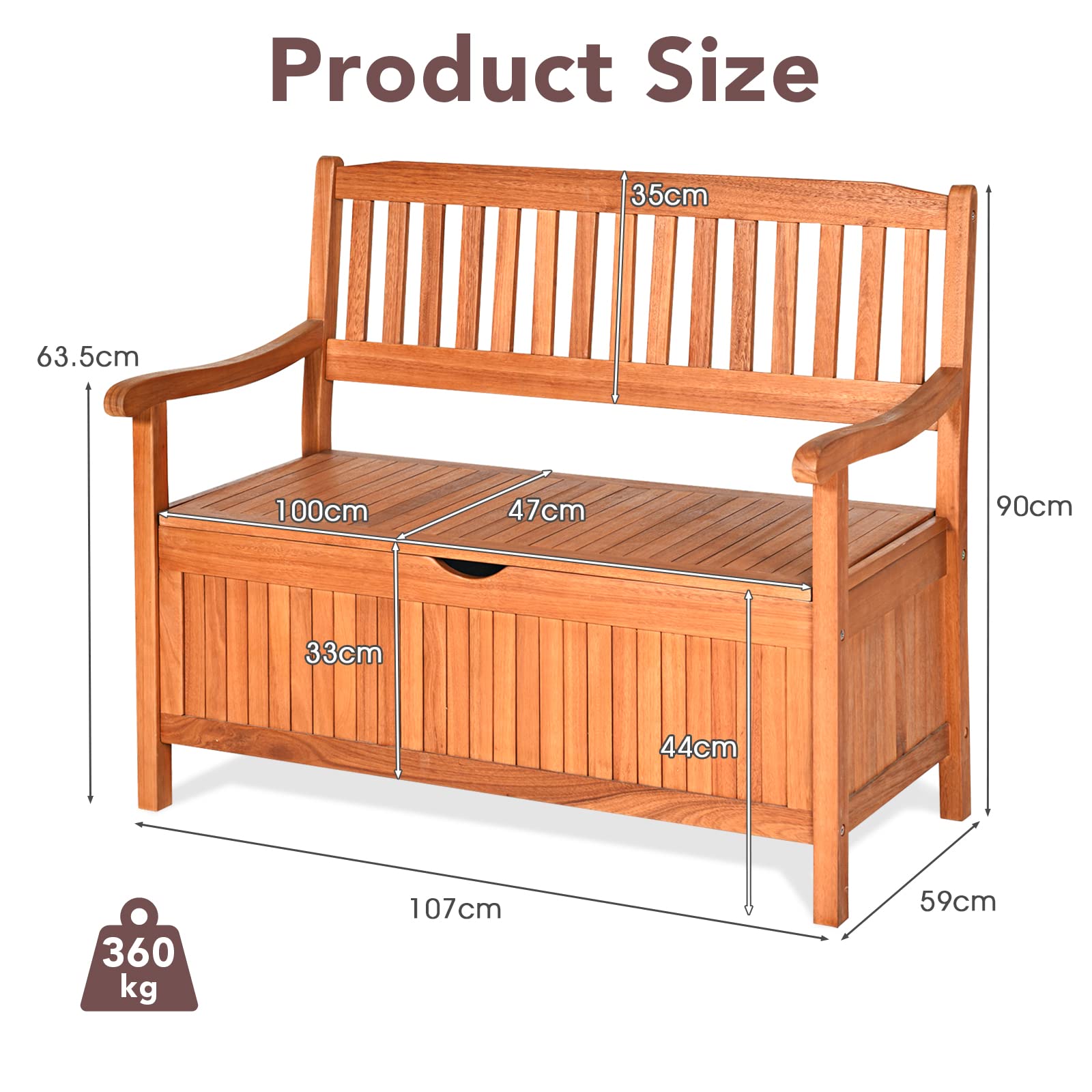 Safstar Outdoor Patio Bench with Storage Box, 33 Gallon Capacity, Wooden Frame, Eucalyptus Material, Natural Color, 42 x 23 x 35.5 Inches