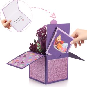 Giiffu Mothers Day Card, Tea Theme, Tea Time 3D Pop Up Card, 3D Flower Pop Up Greeting Card with Note Card and Envelopes, for Mothers Day, Birthday, Tea Party (Purple)