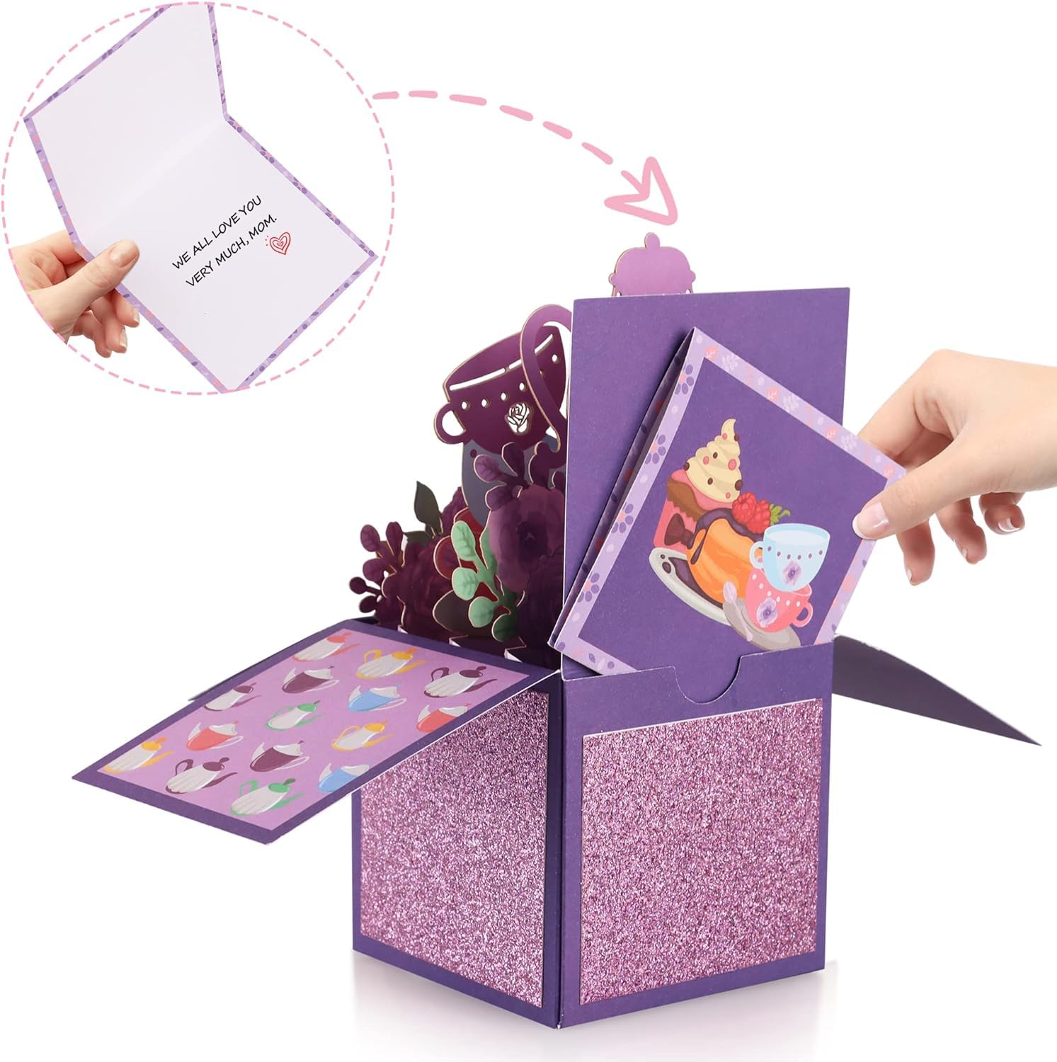 Giiffu Mothers Day Card, Tea Theme, Tea Time 3D Pop Up Card, 3D Flower Pop Up Greeting Card with Note Card and Envelopes, for Mothers Day, Birthday, Tea Party (Purple)