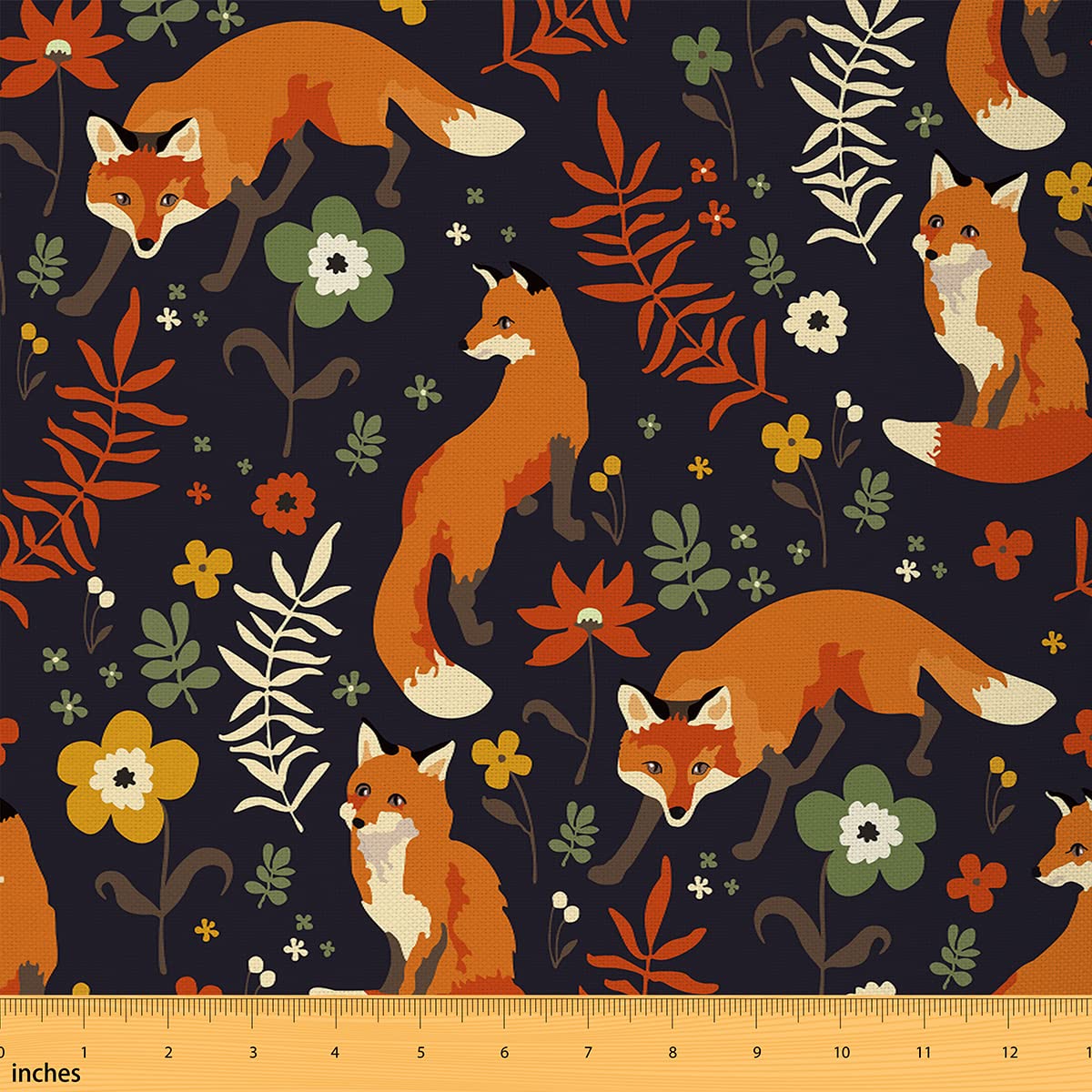 Fox Fabric by The Yard Green Red Flowers Rustic Style DIY Craft Hobby Fabric by The Yard Orange Wild Animals Decorative Fabric for Upholstery and Home Accents,2 Yards