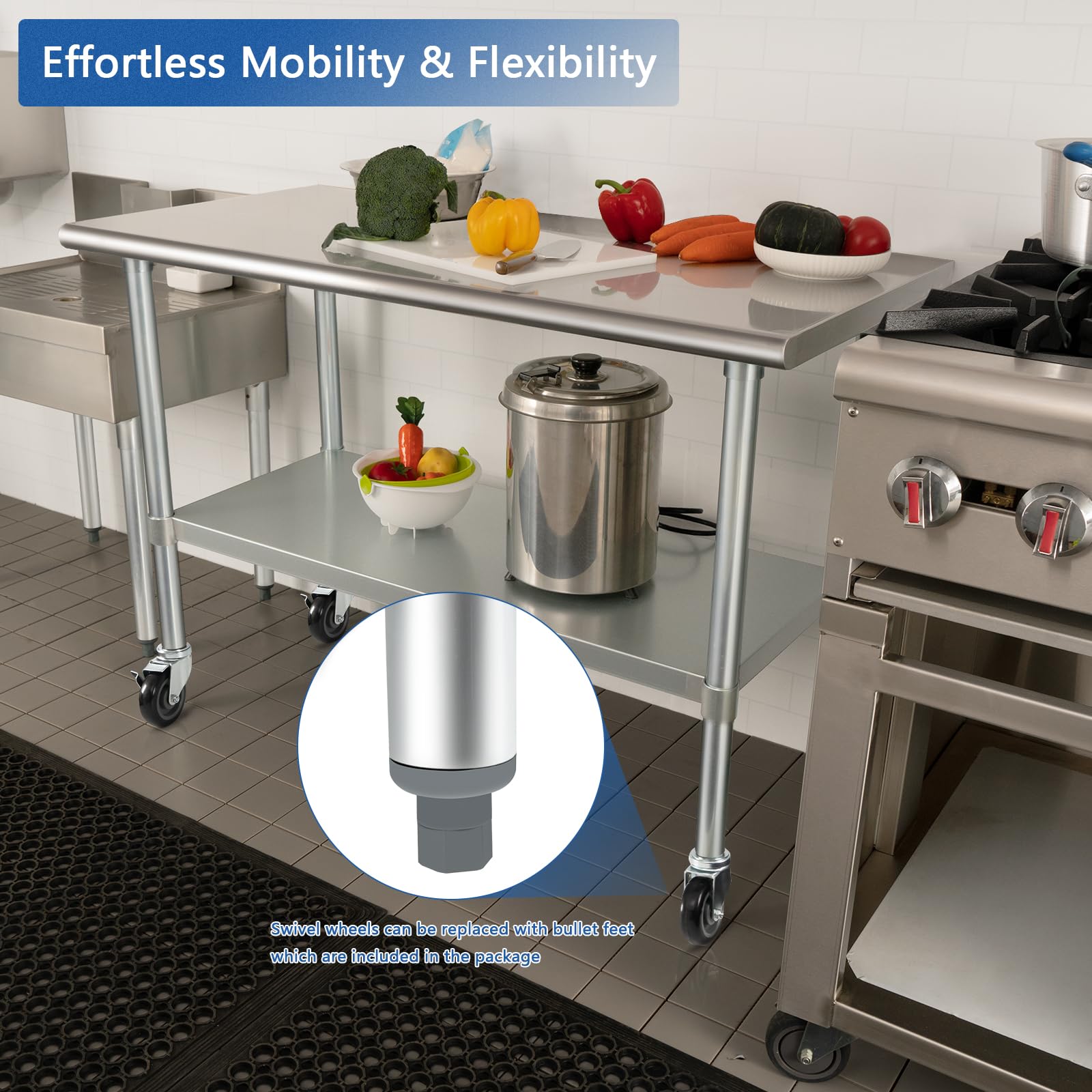 HARDURA Stainless Steel Table with Wheels 24 x 60 Inches Casters NSF Heavy Duty Commercial Work & Prep Table with Undershelf and Galvanized Legs for Restaurant Kitchen Bar and Hotel Garage