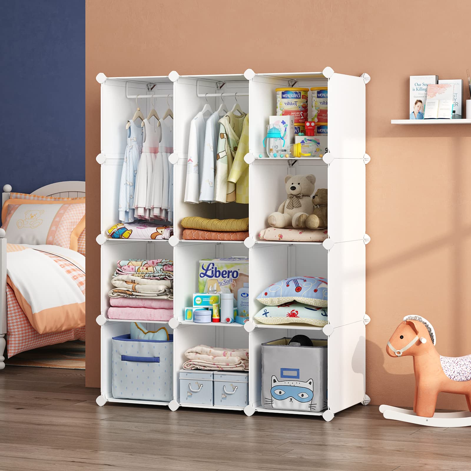 VIPZONE Baby Dresser, Kids Closet Organizers, Portable Kids Wardrobe for Closet, Bedroom, Nursery, Cubby, Cabinet, Clothes, Dress, Baby Storage Shelf, Armoire Clothes Hanging (12 Cube, White)