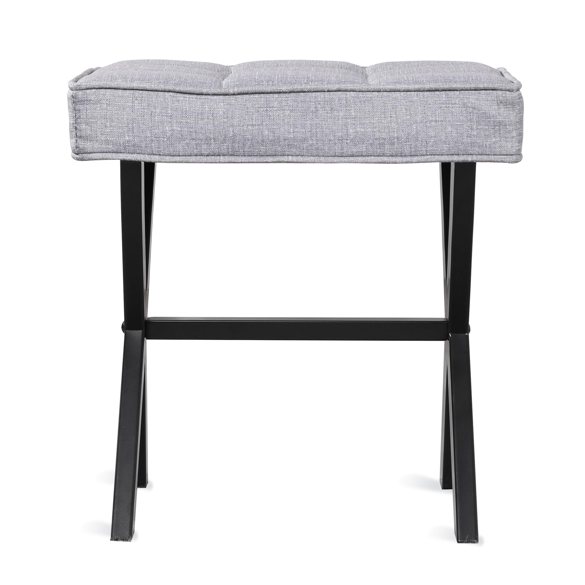 LUE BONA Vanity Stool, Square Linen Makeup Stool with Metal X Legs, Small Ottoman Stool Chair for Vanity, Modern Padded Vanity Seat Foot Rest Stool for Makeup Room, Living Room, Bathroom, Dark Gray