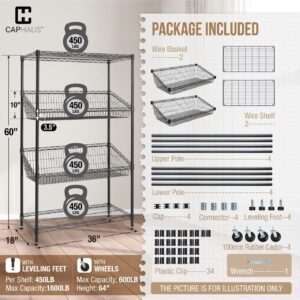 Fencer Wire NSF Commercial Heavy Duty 4 Tier Wire Shelving w/Two Trapezoid Basket, Wheel, Leveling Feet, Storage Metal Shelf, Utility Wire Rack Storage Shelving, Basement Garage Shelving, Black