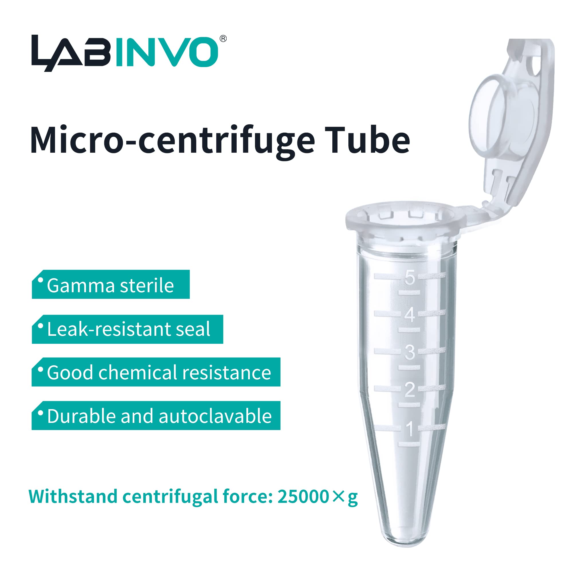 LABINVO 5ml Sterile Microcentrifuge Tubes with Safe-Lock Cap, Pack of 200, Max.RCF25000×G Conical Bottom Centrifuge Tubes, PP Material, Molded Graduation 10.5x51mm, IN-MT50A