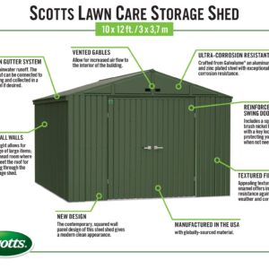 Scotts 10' x 12' Outdoor Lockable Water-Resistant Steel Storage Shed Building with Tool Hanger and Gable Roof, Green