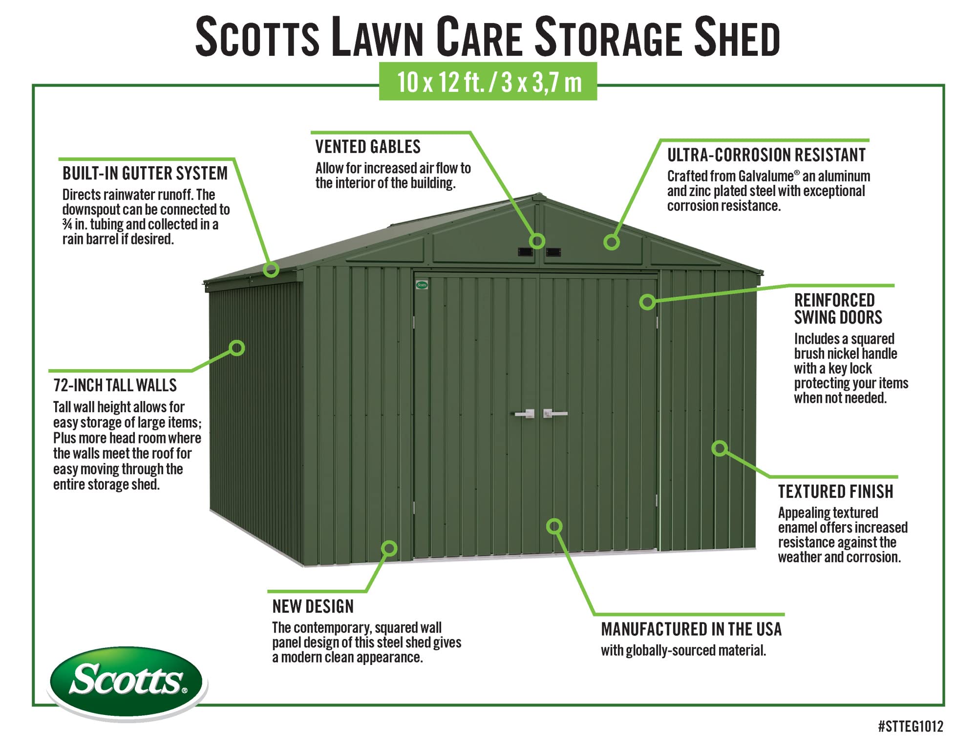 Scotts 10' x 12' Outdoor Lockable Water-Resistant Steel Storage Shed Building with Tool Hanger and Gable Roof, Green