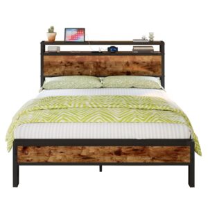 LUXOAK Queen Size Bed Frame, Platform Bed Frame with 2-Tier Storage Headboard and Charging Station/No Box Spring Needed/Noise Free/Industrial/Rustic Brown