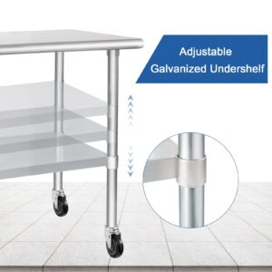 HARDURA Stainless Steel Table with Wheels 24 x 60 Inches Casters NSF Heavy Duty Commercial Work & Prep Table with Undershelf and Galvanized Legs for Restaurant Kitchen Bar and Hotel Garage